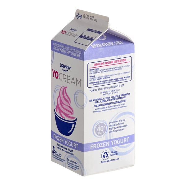 A half-gallon carton of Dannon YoCream non-fat cake batter frozen yogurt mix.