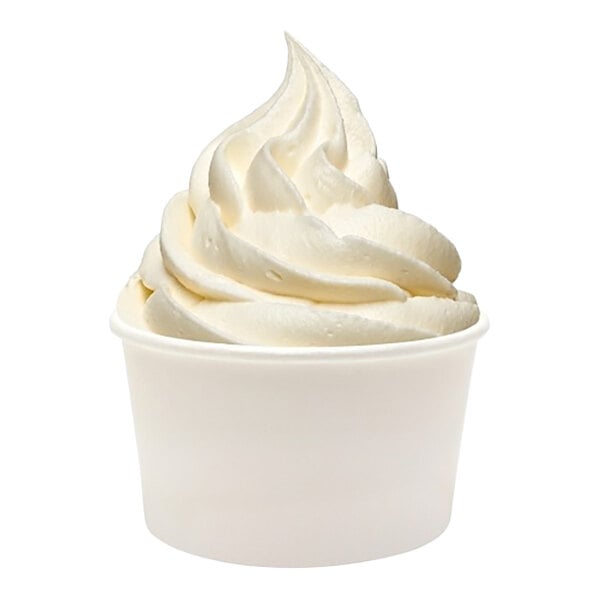A serving of vanilla frozen yogurt in a white paper cup.