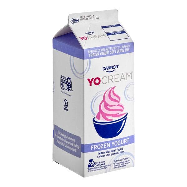 A half-gallon carton of Dannon YoCream low-fat vanilla frozen yogurt mix.