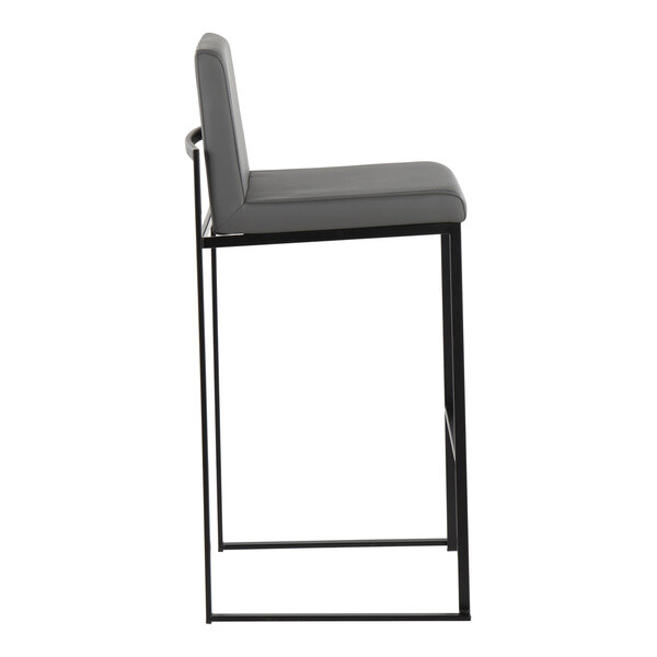 A modern barstool with a black steel frame and a gray faux leather seat and back.