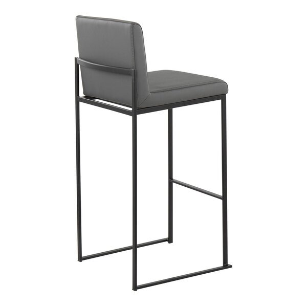 A modern barstool with a black steel frame and gray faux leather high back and seat.