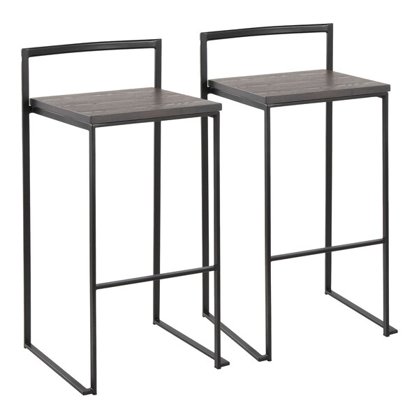 A pair of black metal stackable low-back barstools with espresso bamboo seats.