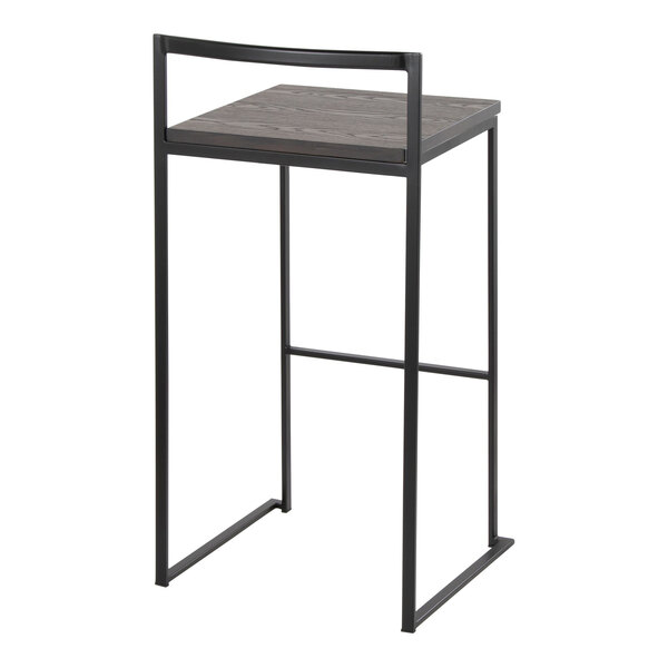 A modern barstool with a black metal frame and an espresso bamboo seat, featuring a low back and stackable design.