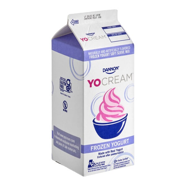 A half-gallon carton of Dannon YoCream low-fat dulce de leche frozen yogurt mix.