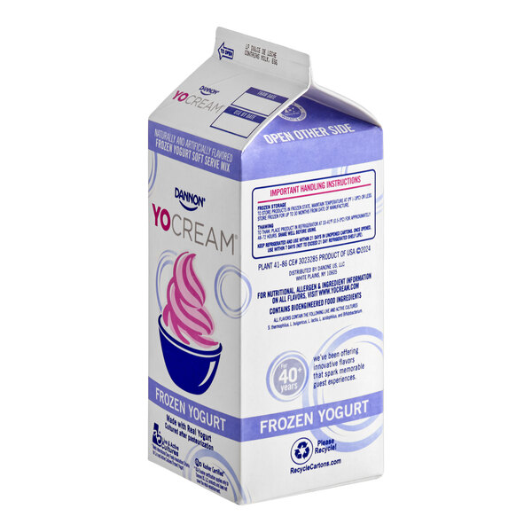 A half-gallon carton of Dannon YoCream low-fat dulce de leche frozen yogurt mix.