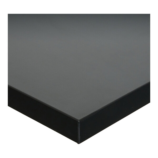 A rectangular black melamine table top with a matching edge, measuring 30 by 72 inches and 1 inch thick.