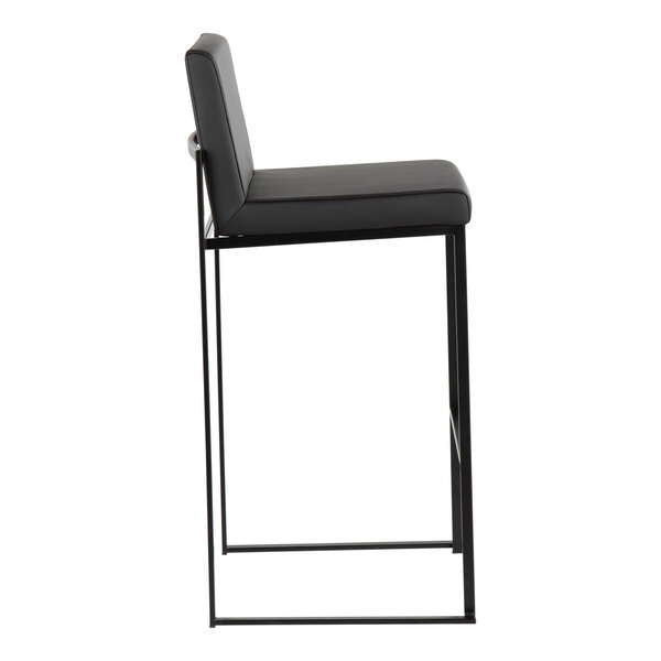 A modern high-back barstool with a black steel frame and black faux leather seat and back.