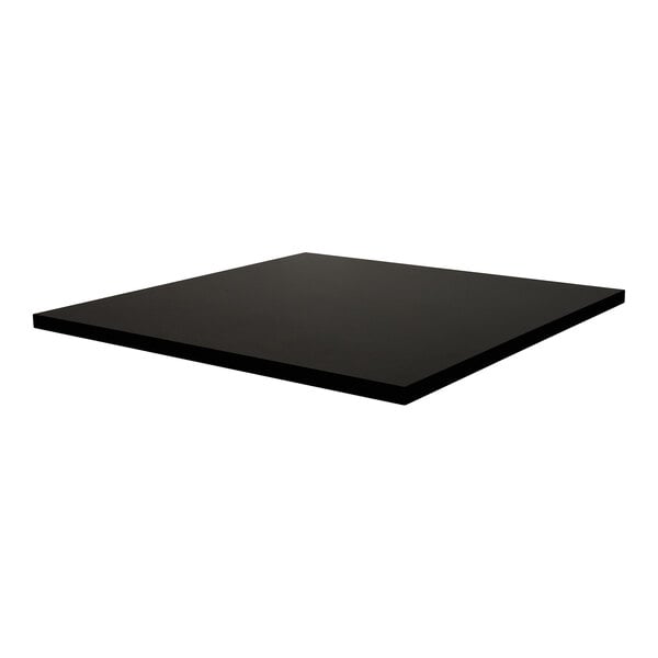 A black square melamine table top with matching edge, measuring 30 inches by 30 inches and 1 inch thick.