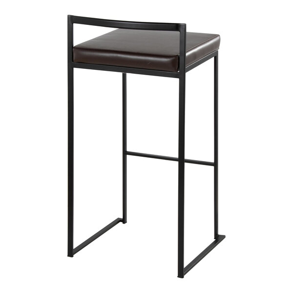 A modern black metal barstool with a low back and a brown faux leather seat.