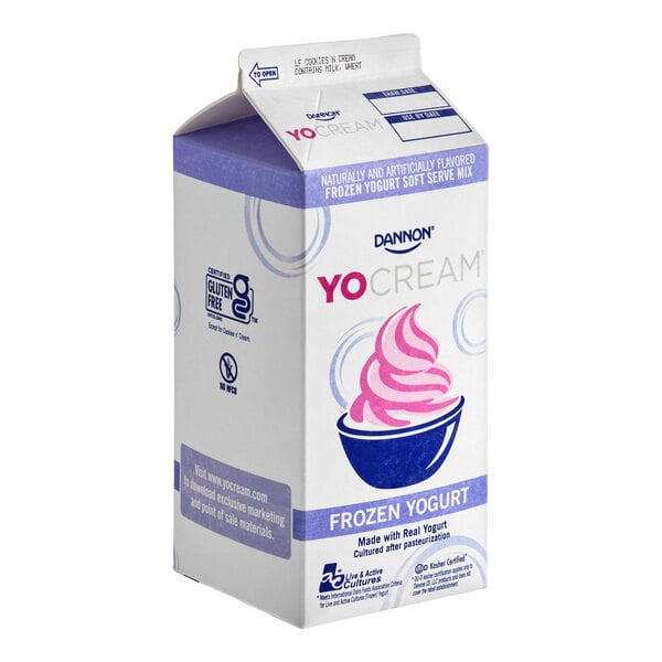 A half-gallon carton of Dannon YoCream non-fat cookies and cream frozen yogurt mix.