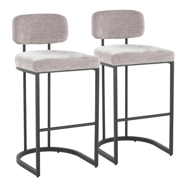 A pair of barstools with black metal frames and light gray fabric upholstered seats and backs.