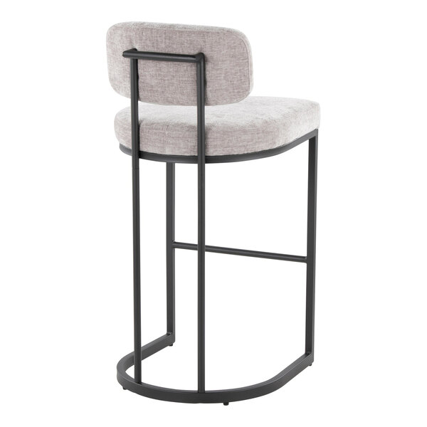 A modern barstool with a black metal frame and light gray fabric upholstered back and seat.