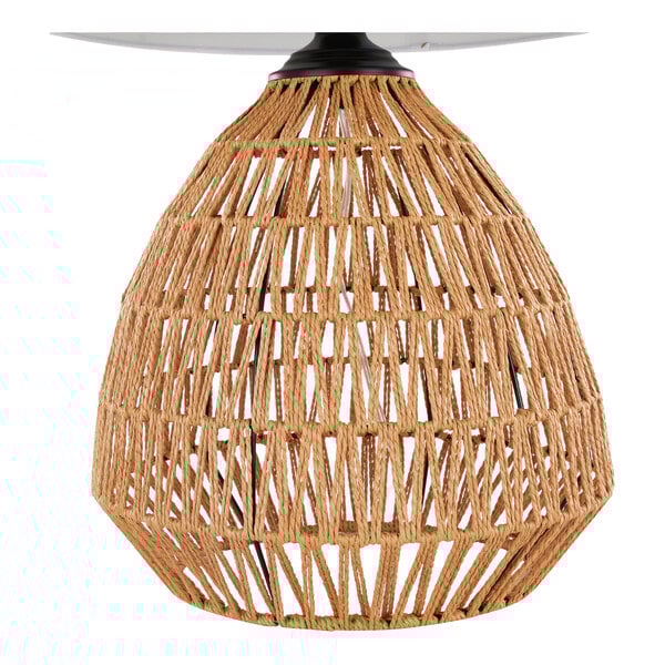 A natural rattan table lamp with a geometric woven base and a white linen drum shade.