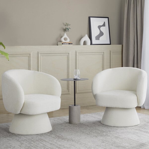LumiSource Fran Cream Fabric Swivel Accent Arm Chair with Pedestal Base