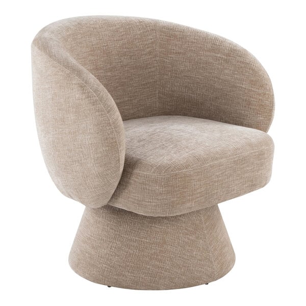 A light brown fabric swivel accent arm chair with a rounded back and a pedestal base.