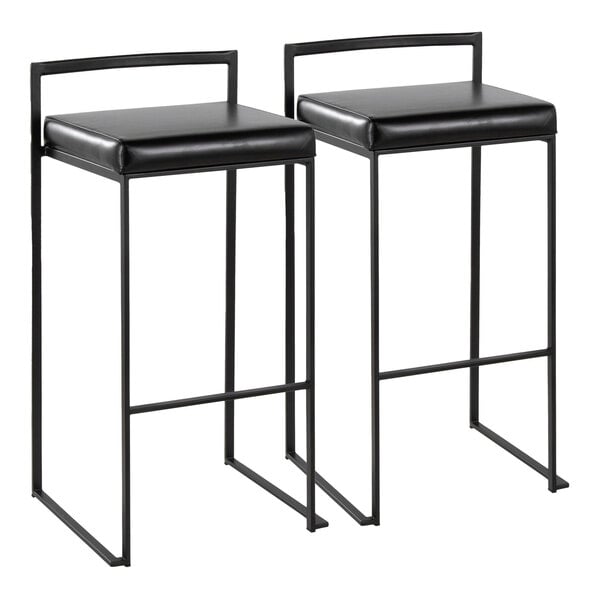 A pair of black metal stackable low-back barstools with black faux leather seats.