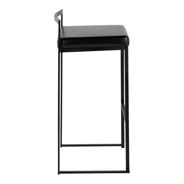 A modern black metal barstool with a low back and a black faux leather seat.