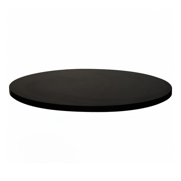 A black round melamine table top with a matching edge, measuring 48 inches in diameter and 1 inch thick.