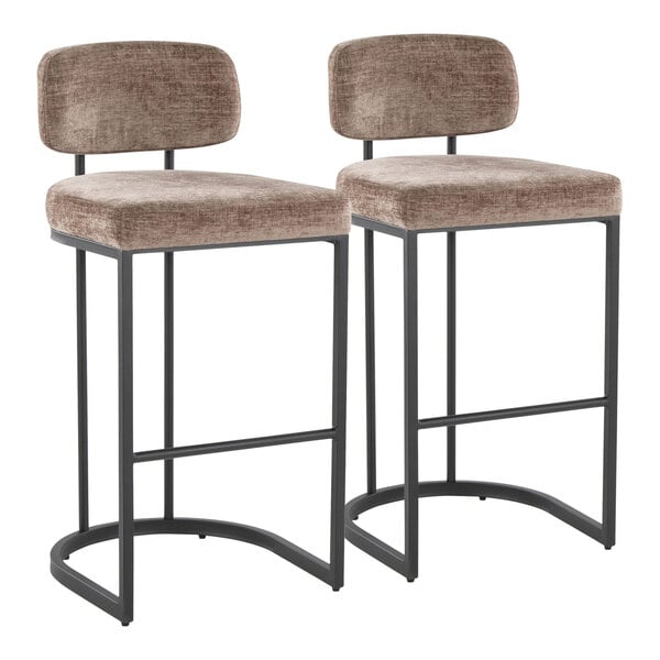 A pair of barstools with black metal frames and brown fabric upholstered seats and backs.