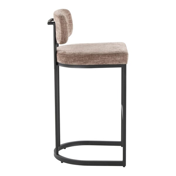 A modern barstool with a black metal frame and brown fabric upholstered seat and backrest.