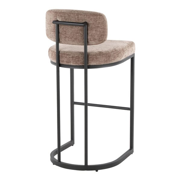 A modern barstool with a black metal frame and brown fabric upholstered seat and back.