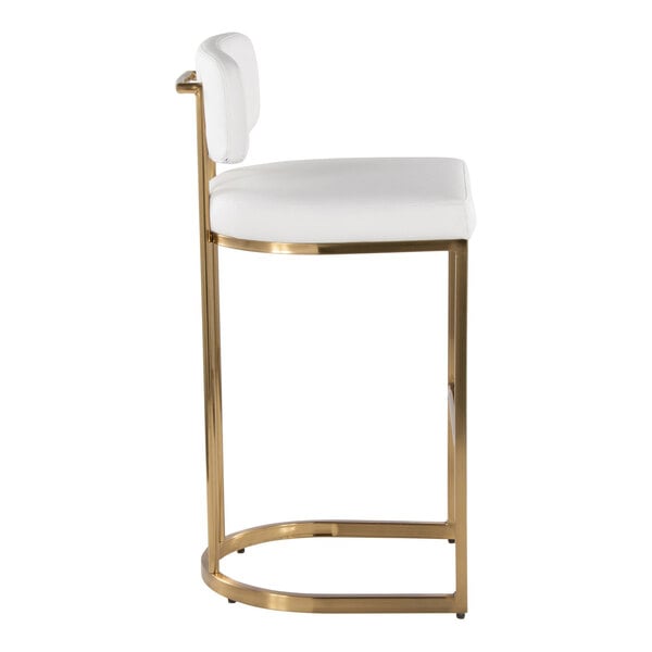 A modern barstool with a gold metal frame and white faux leather seat and backrest.