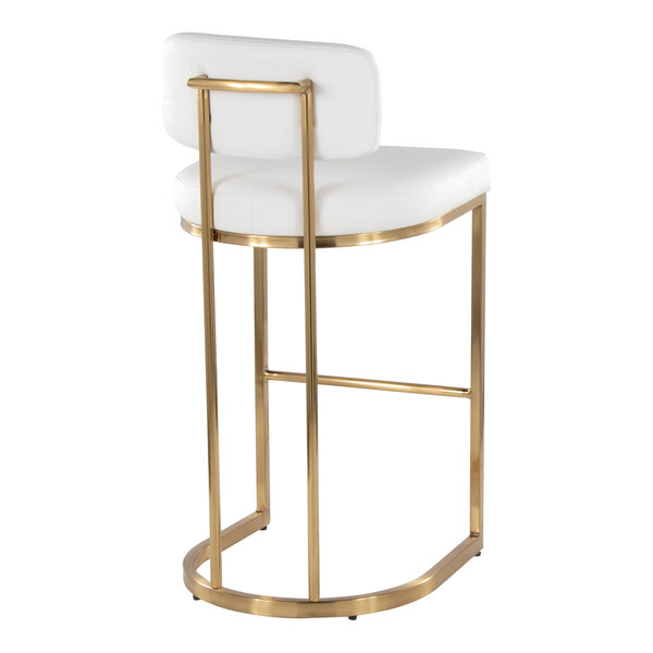 A barstool with a gold metal frame and a white faux leather seat and backrest.