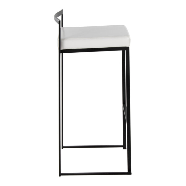 A modern barstool with a black metal frame and a white faux leather seat, featuring a low back and stackable design.