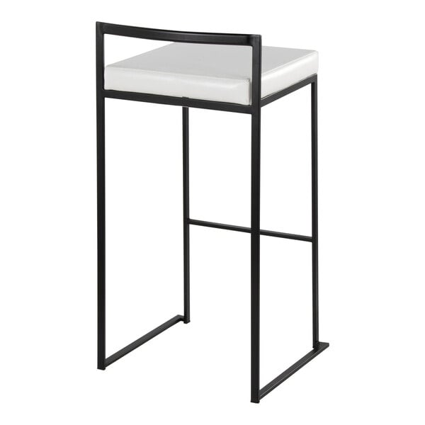 A modern barstool with a black metal frame and a white faux leather seat.