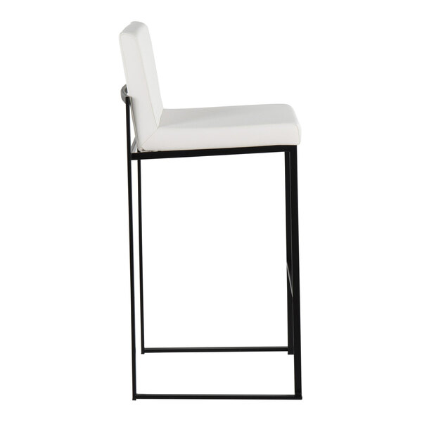 A modern barstool with a white faux leather seat and backrest, supported by a black steel frame.