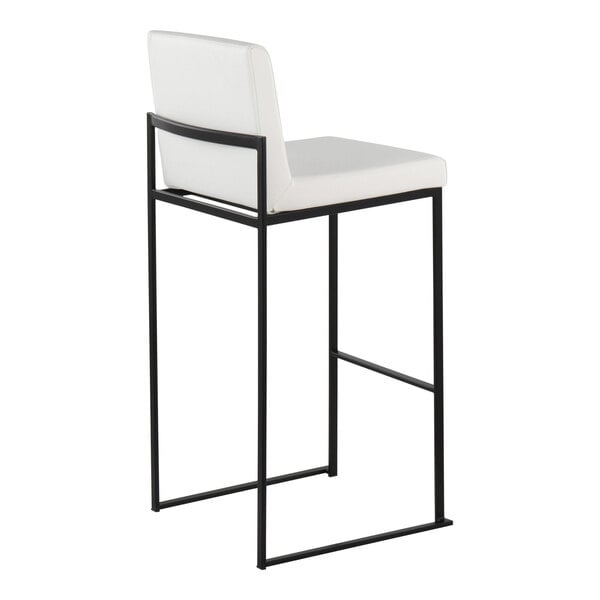 A high-back barstool with a black steel frame and white faux leather seat and back.