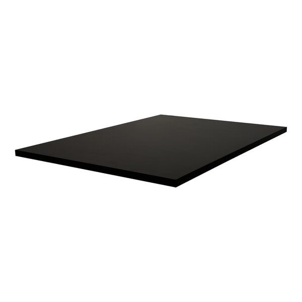 A rectangular black melamine table top with matching edge, measuring 30 by 48 inches and 1 inch thick.
