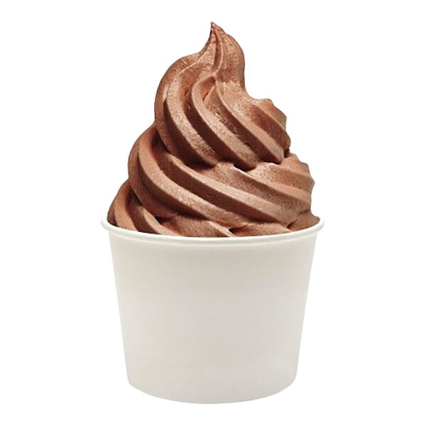 A cup of chocolate soft serve frozen yogurt in a plain white paper cup.