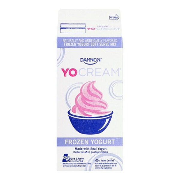 A half-gallon carton of Dannon YoCream frozen yogurt soft serve mix.