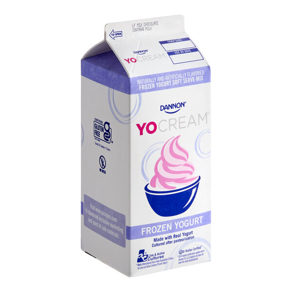 A half-gallon carton of Dannon YoCream low-fat milk chocolate frozen yogurt mix.