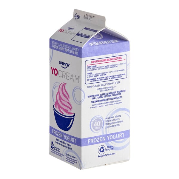 A half-gallon carton of Dannon YoCream low-fat milk chocolate frozen yogurt mix.
