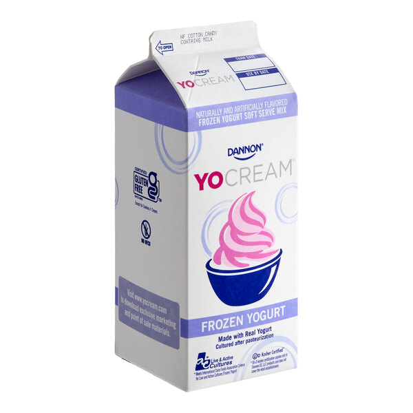 A half-gallon carton of Dannon YoCream non-fat cotton candy frozen yogurt mix.
