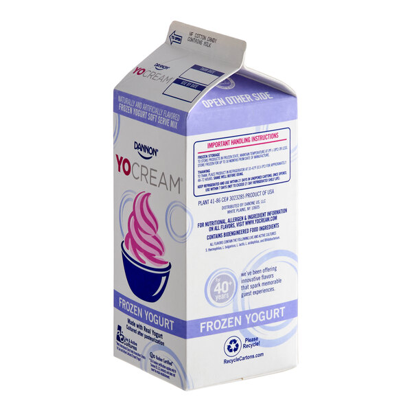 A half-gallon carton of Dannon YoCream non-fat cotton candy frozen yogurt mix.