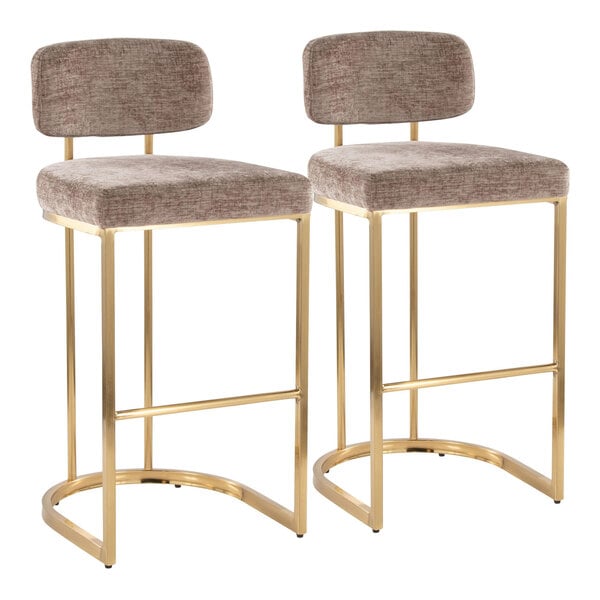 A pair of barstools with gold metal frames and brown fabric upholstered seats and backs.