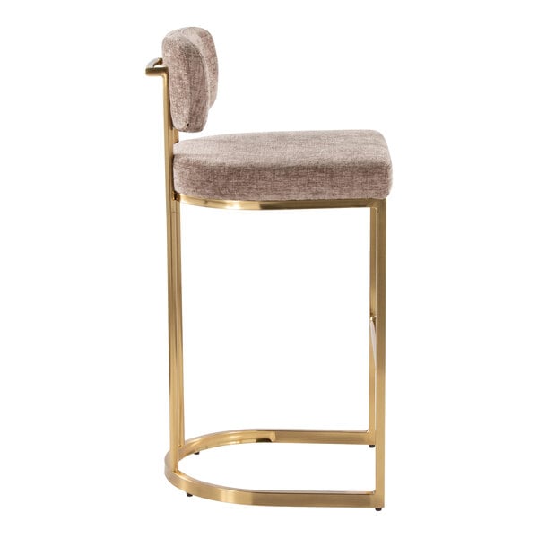 A modern barstool with a gold metal frame and brown fabric upholstered seat and back.