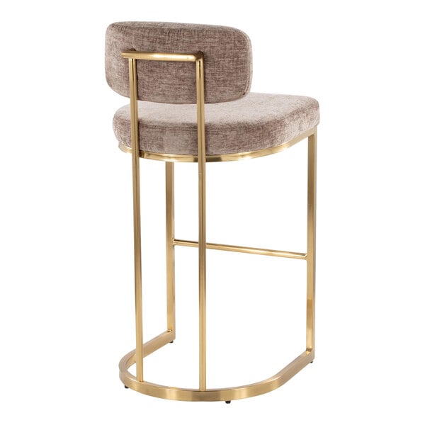 A modern barstool with a gold metal frame and brown fabric upholstered seat and back.