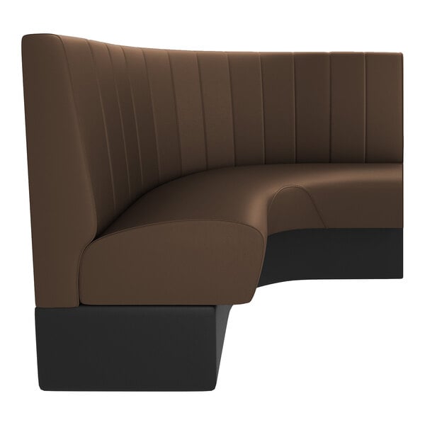 A large brown upholstered 3/4 circle booth with a high back and black base, designed for cafe or restaurant seating.
