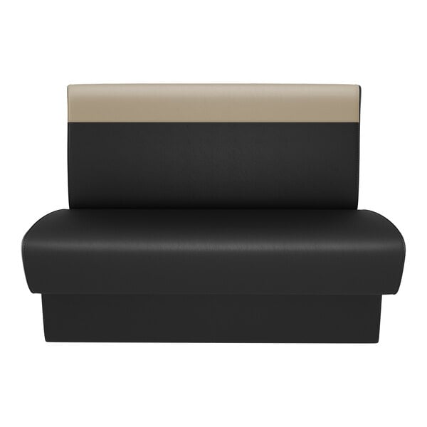 A black booth seat with a fawn-colored head roll and a single back, measuring 30 inches long and 36 inches high.