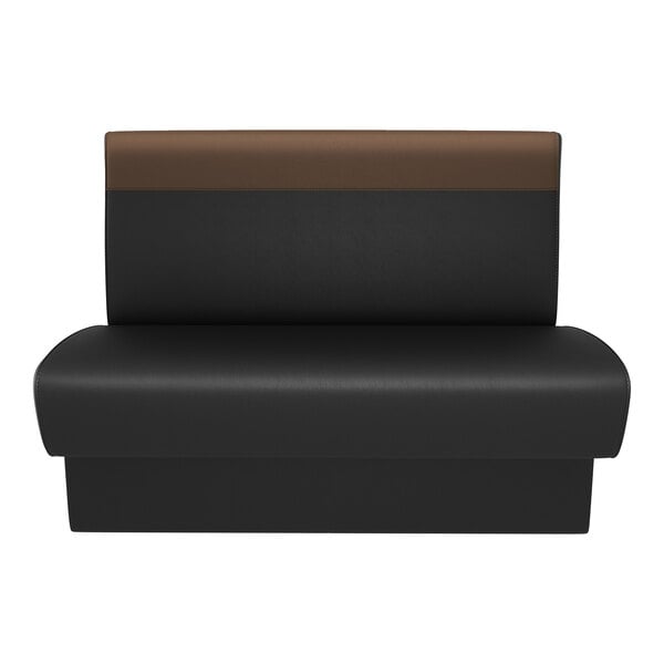 A black and brown upholstered double back booth with a head roll, designed for cafe or restaurant seating.