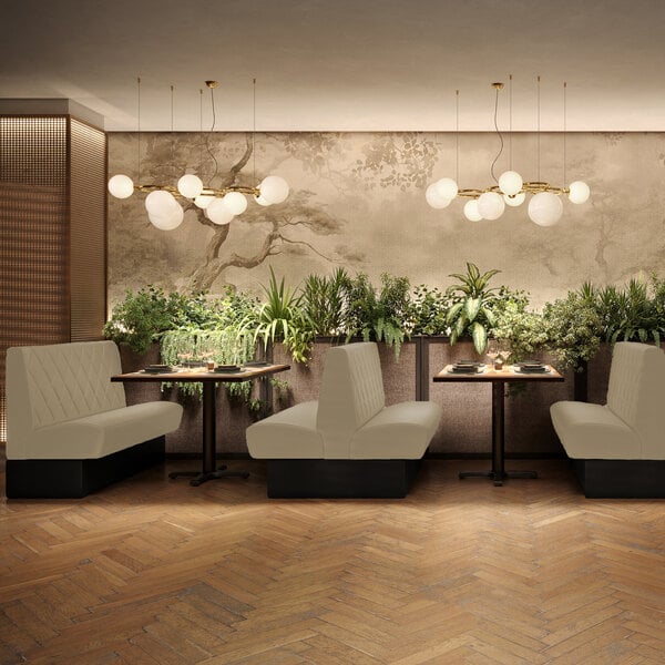 A 48-inch long, fawn-colored, diamond-tufted double back booth with a 36-inch high backrest, designed for restaurant seating.