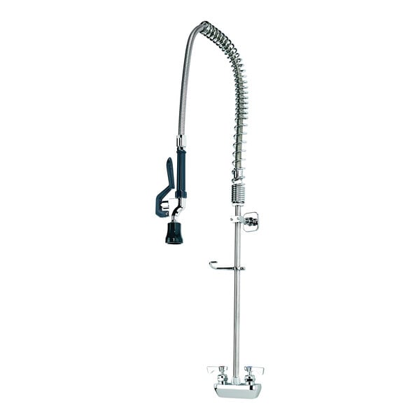 A wall-mount pre-rinse faucet with a 44-inch hose and 4-inch centers, designed for commercial kitchen use.