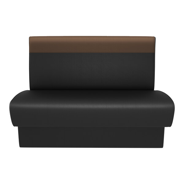 A black and brown upholstered double back booth with a head roll, designed for cafe or restaurant seating.