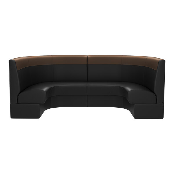 A large, curved black and brown upholstered booth with a high backrest, designed for cafe or restaurant seating.