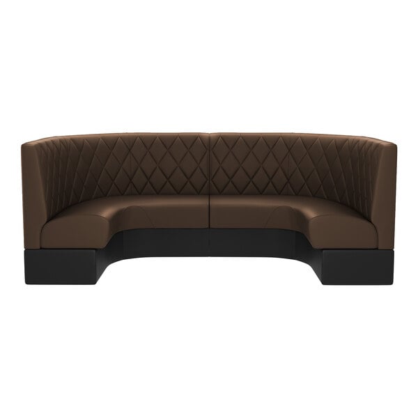 A brown, diamond-tufted, half-circle booth with a high back and black base.
