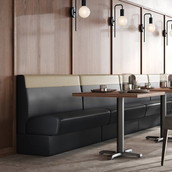 A 48-inch long, 42-inch high restaurant booth with a fawn-colored head roll and single back design.